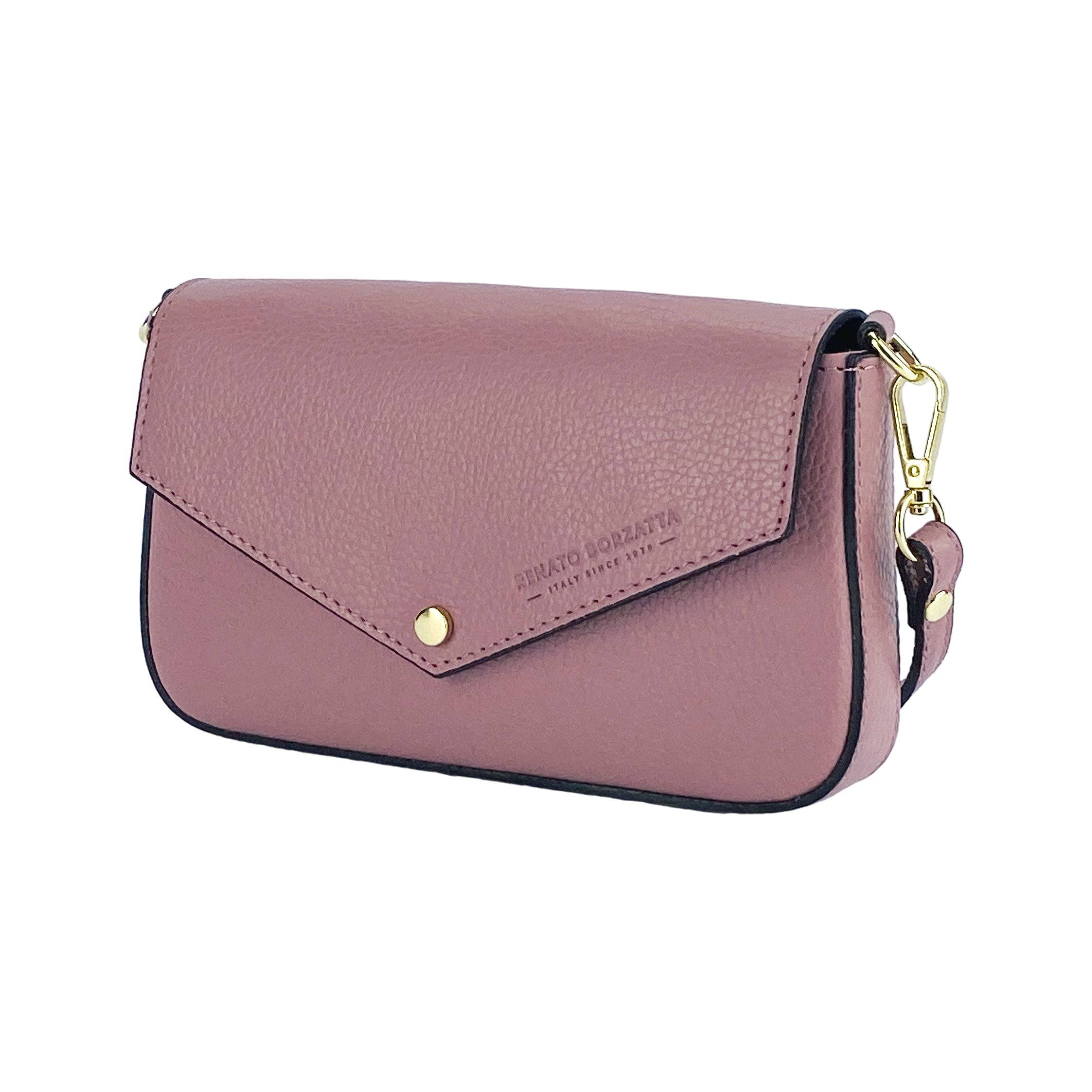RB1023AZ | Small Shoulder Bag with Removable Chain Strap in Genuine Leather Made in Italy. Flap Closure. Shiny Gold metal hardware - Antique Pink color - Dimensions: 22 x 12 x 3 cm.-0