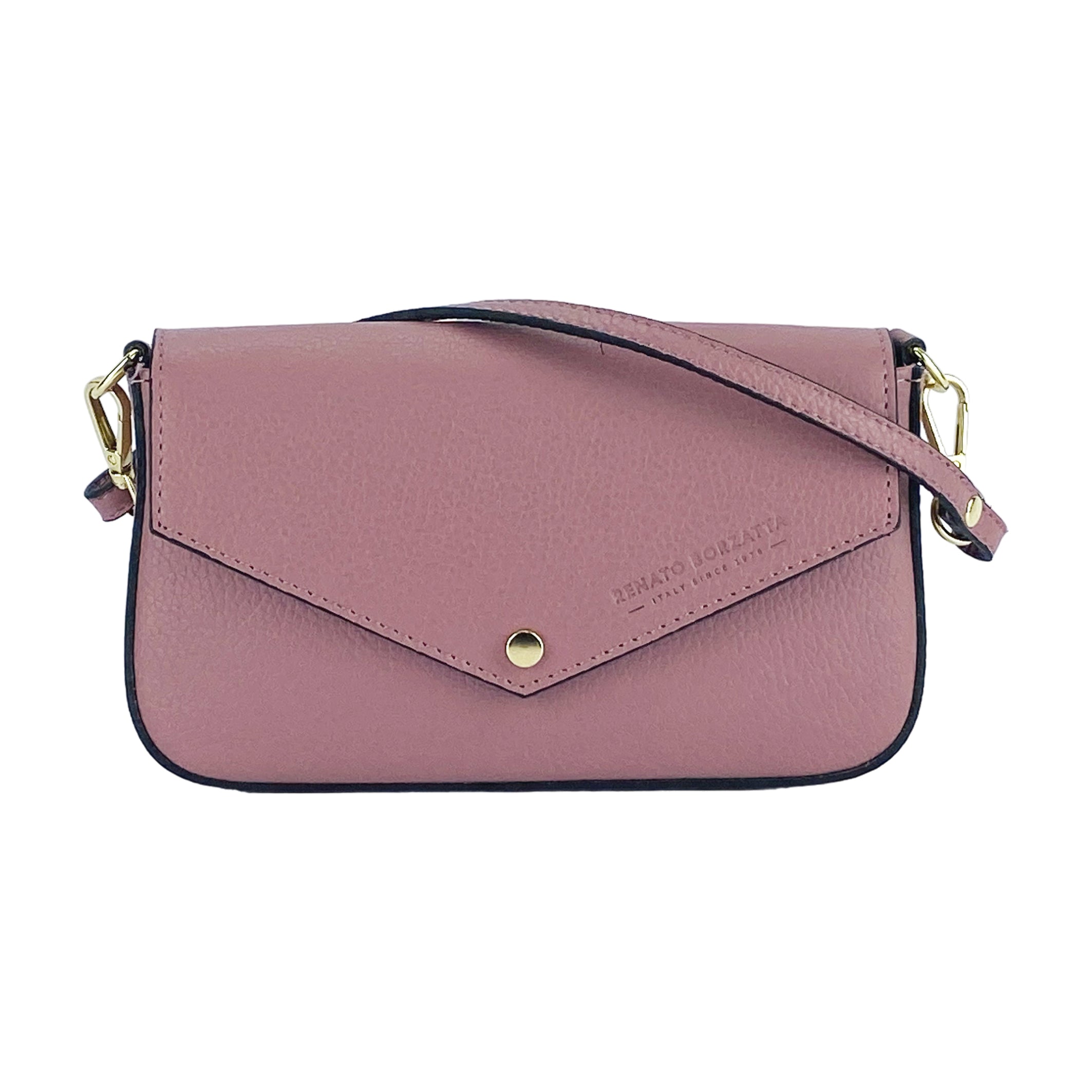 RB1023AZ | Small Shoulder Bag with Removable Chain Strap in Genuine Leather Made in Italy. Flap Closure. Shiny Gold metal hardware - Antique Pink color - Dimensions: 22 x 12 x 3 cm.-1