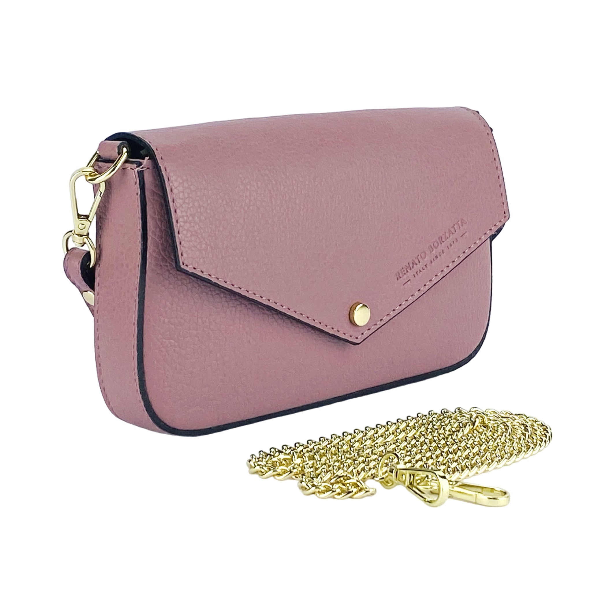RB1023AZ | Small Shoulder Bag with Removable Chain Strap in Genuine Leather Made in Italy. Flap Closure. Shiny Gold metal hardware - Antique Pink color - Dimensions: 22 x 12 x 3 cm.-2
